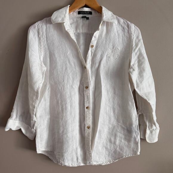 Lauren Ralph Lauren Embroidered Monogram Linen Button Front Top XS - Picture 1 of 4